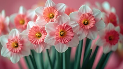  a bouquet of pink and white daffodils in a glass vase on a pink tablecloth with a pink wall in the back ground and a pink wall in the background.