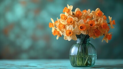  a vase filled with yellow daffodils sitting on top of a wooden table next to a teal colored wall and a blue wall behind the vase is filled with yellow daffodils.