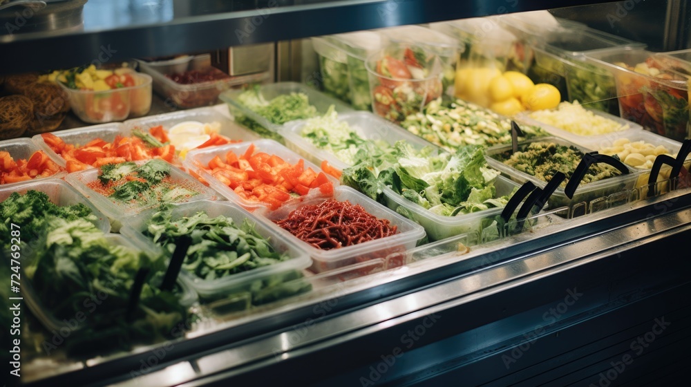 Poster a display case filled with various types of vegetables. can be used to showcase the variety of produ