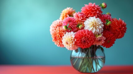  a vase filled with red and white flowers on top of a red and blue tablecloth next to a teal green wall and a blue wall in the background.