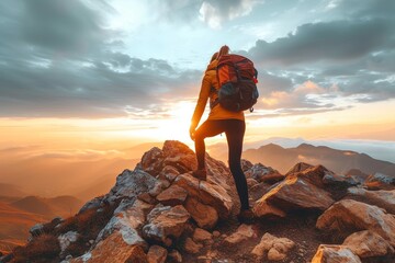 As the sun sets behind a rocky mountain, a lone figure stands, enveloped by the ever-changing sky, their sturdy hiking boots and durable outdoor clothing a testament to their adventurous spirit in th - obrazy, fototapety, plakaty