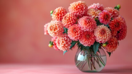  a vase filled with lots of pink flowers on a pink tableclothed surface with a pink wall behind it and a pink wall behind the vase with a bunch of pink flowers in it.
