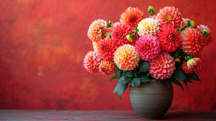  a vase filled with lots of pink and orange flowers on top of a wooden table with a red wall in the back ground and a red wall in the background.