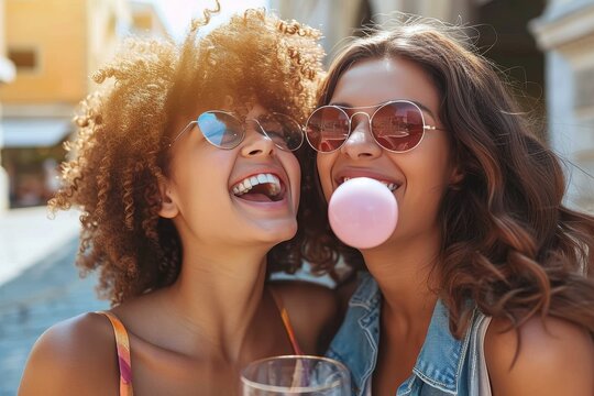 Two women share a joyful moment as they blow iridescent bubbles together, their faces adorned with smiles and their outfits accented by playful glasses, all while enjoying the great outdoors