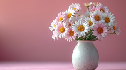  a white vase filled with lots of pink and white flowers on top of a pink table next to a green vase with yellow and white daisies in the middle.