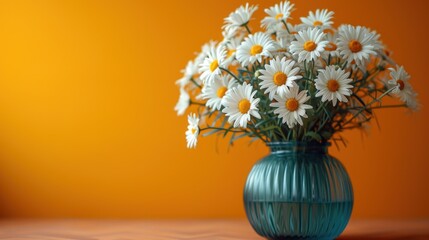  a blue vase filled with white daisies on top of a wooden table in front of a yellow and orange background with a yellow wall in the backround.