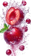 Experience the liquid explosion as plums slices cascade in a juice waterfall, capturing 2-3 delicate slices against a pristine white background