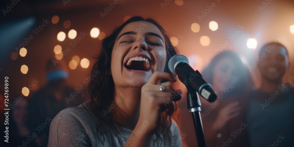 Aufkleber a woman performing on stage, singing into a microphone in front of a large crowd. suitable for conce