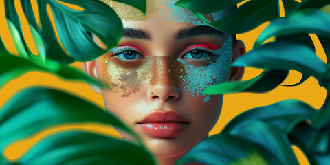 Abstract tropical art banner. Exotic tropical Beauty with Gold Leaf Makeup and Lush Green Leaves