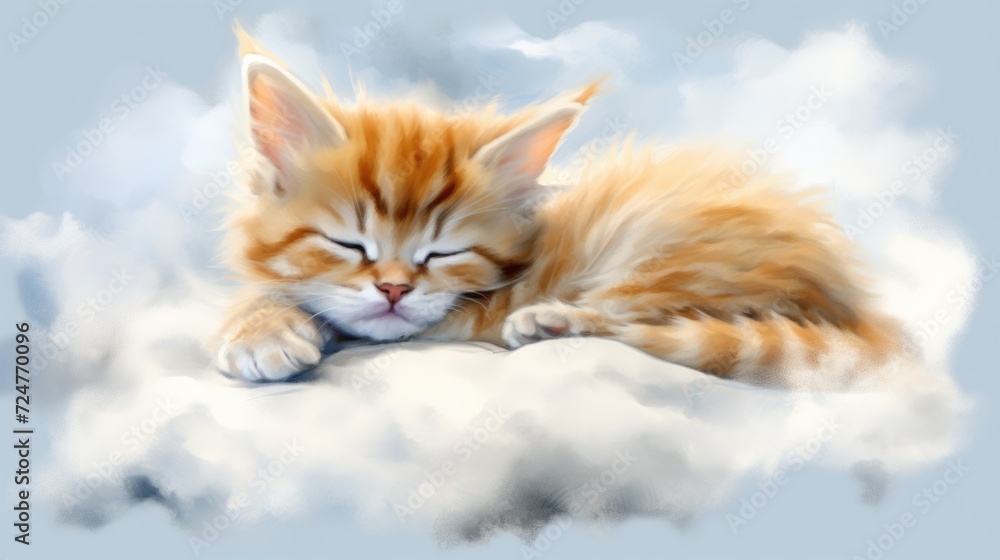 Poster a cute kitten peacefully sleeping on a fluffy cloud. ideal for adding a touch of coziness to any pro
