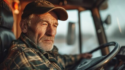 Fototapeta na wymiar A Mature farmer driving tractor on a farm. Generative AI.