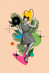 Vertical creative template poster banner dancing young crazy lady hold disco vinyl have fun enjoy...