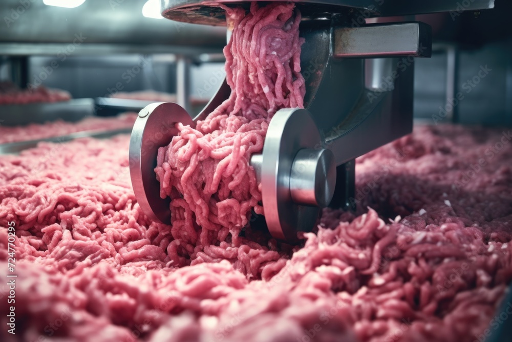 Poster meat being processed in a factory using a conveyor belt. suitable for illustrating the industrial pr