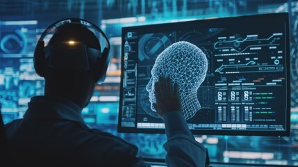 A human engages with futuristic holographic interface technology