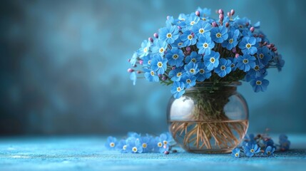  a vase filled with blue flowers sitting on top of a blue cloth covered table next to a pile of tiny blue and white flowers on top of a blue cloth. - obrazy, fototapety, plakaty