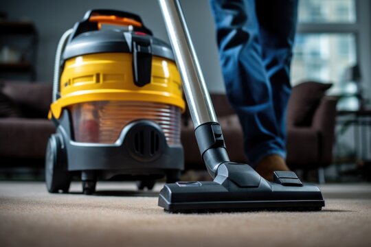 A person is seen using a vacuum cleaner to clean the floor. This image can be used to showcase household chores or cleaning routines