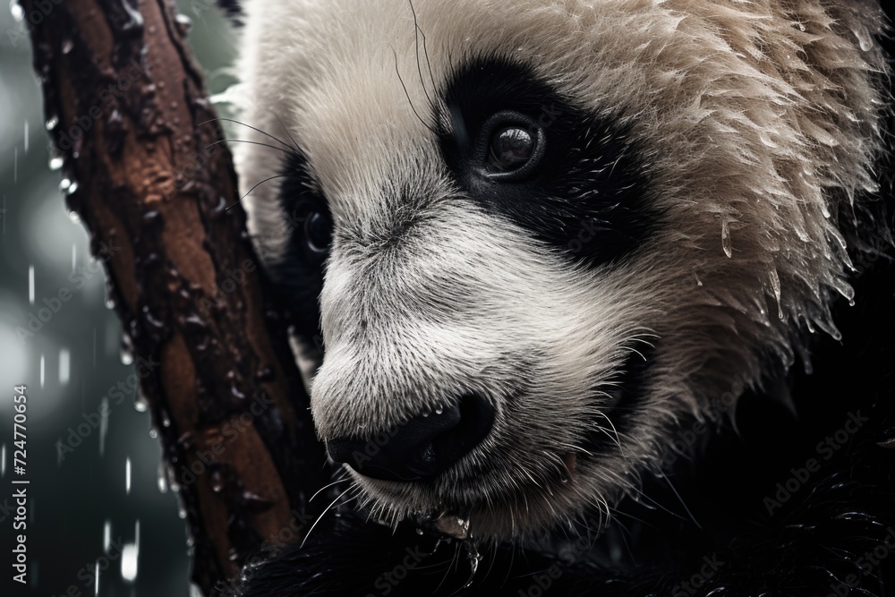 Poster a close up photograph of a panda bear in the rain. this picture can be used to depict wildlife in na