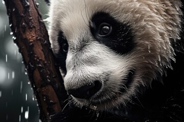 A close up photograph of a panda bear in the rain. This picture can be used to depict wildlife in...
