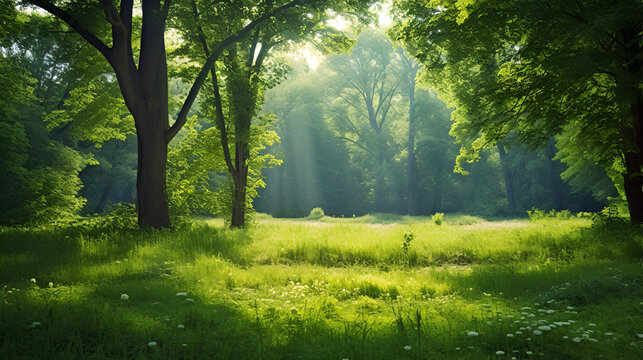 sunny well lit grassy clearing in a summery green magical forest