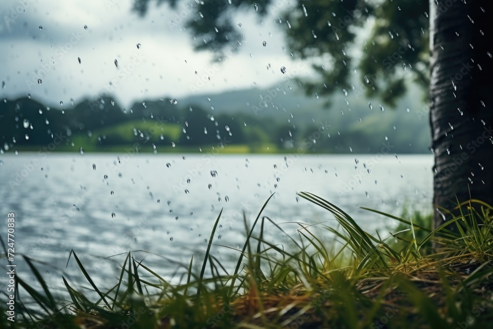 Poster a serene view of a body of water with a solitary tree in the background. perfect for nature and land