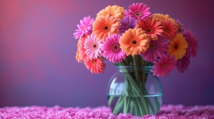  a vase filled with pink and orange flowers on top of a bed of pink flecked petals on a purple surface next to a purple wall and purple background.