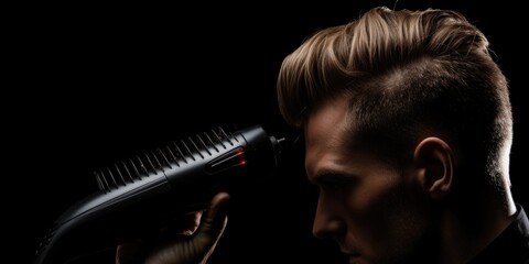 A man using a hair dryer to dry his hair. Suitable for hair care and grooming concepts