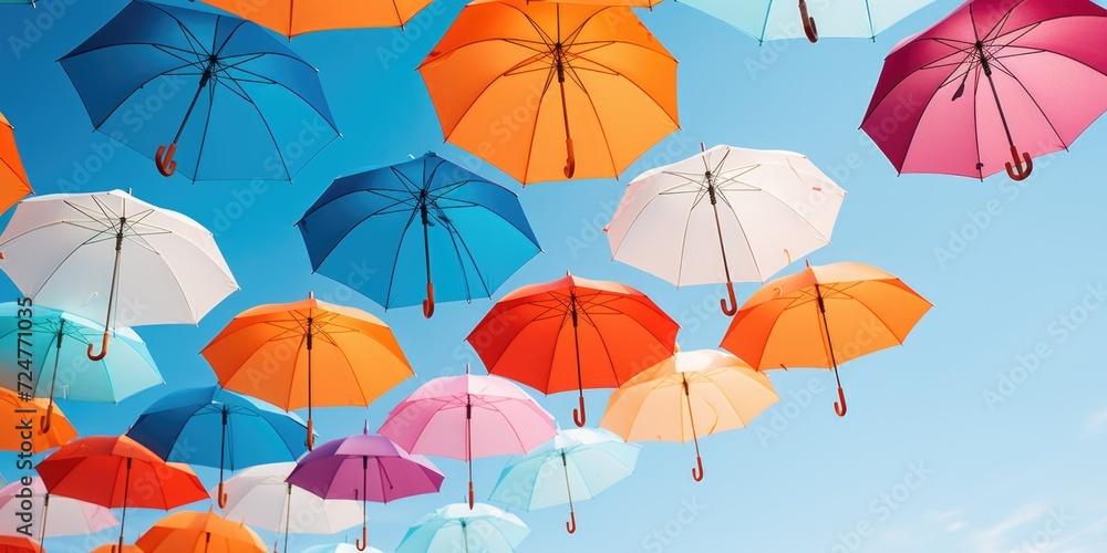 Poster Colorful umbrellas hanging from a blue sky. Perfect for adding a pop of color to any project or design