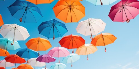 Fototapeta na wymiar Colorful umbrellas hanging from a blue sky. Perfect for adding a pop of color to any project or design