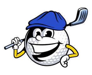 Cartoon style funny golf ball character, with the cap and golf stick. Isolated on white background.