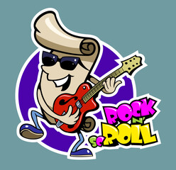 Cartoon style paper scroll character, playing electric guitar.