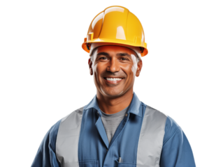 A factory engineer wear worker clothes looking and smille for the camera on transparent background