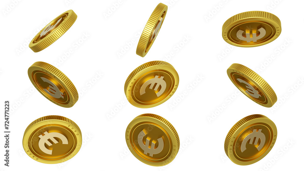 Poster 3d rendering of set of abstract golden euro coins concept in different angles. euro sign on golden c
