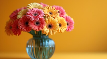  a vase filled with lots of colorful flowers on top of a table next to a yellow wall and a yellow wall behind the vase is a bouquet of daisies.