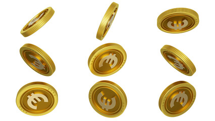 3D rendering of set of abstract golden Euro coins concept in different angles. Euro sign on golden coin isolated on transparent background