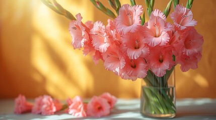  a vase filled with pink flowers sitting on top of a table next to another vase filled with pink flowers on top of a table next to another vase filled with pink flowers.