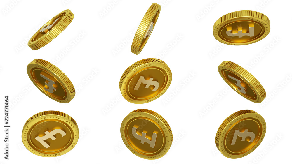 Poster 3d rendering of set of abstract golden british pound sterling coins concept in different angles. pou