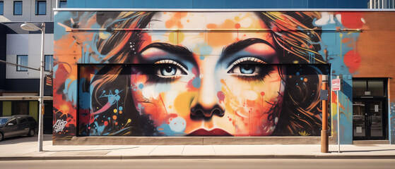 An urban streetscape scene, highlighting a striking graffiti of a woman's face in pop art style on a wall. AI Generative - obrazy, fototapety, plakaty