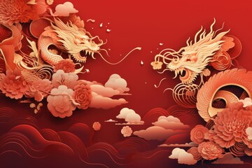 A vibrant red background featuring a majestic dragon surrounded by beautiful flowers. Perfect for adding a touch of fantasy and elegance to any project or design