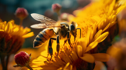 Image of a bee collecting honey in nature, wild, bee, flower, pollination, nectar, animal, plant, AI-generated.