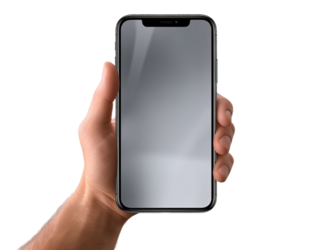 Detail of the smartphone in the hand, transparent background.