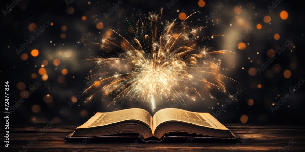 Poster an open book resting on a wooden table with colorful fireworks in the background. suitable for educa