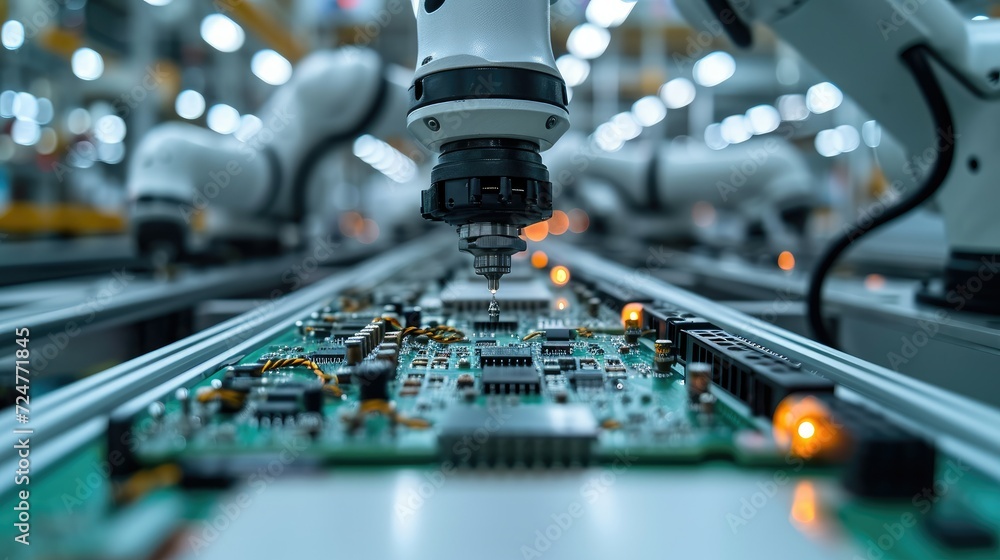 Leinwandbilder advanced high precision robot arms on fully automated assembly line inside modern electronics factor