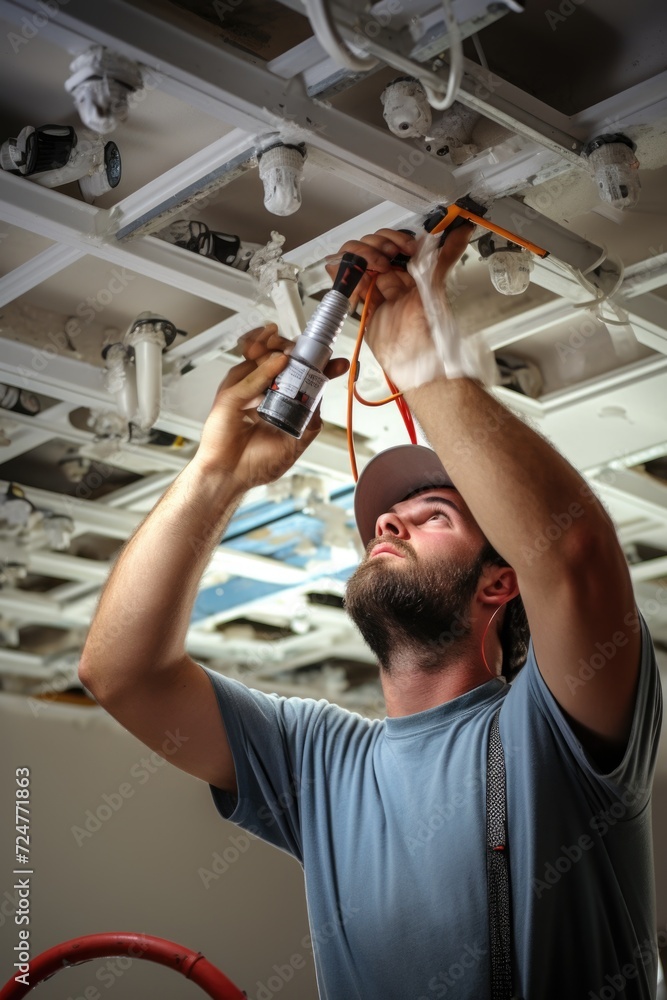 Aufkleber a man is seen working on a ceiling light. this image can be used to showcase electrical work or home