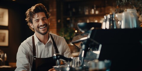 A man is smiling while standing behind a coffee machine. This image can be used to depict a barista or coffee shop employee in action