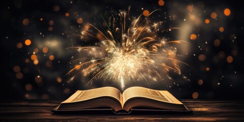 An open book resting on a wooden table with colorful fireworks in the background. Suitable for educational concepts or celebrations