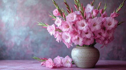  a white vase filled with pink flowers sitting on top of a pink table cloth next to a white vase filled with pink flowers on top of a pink table cloth.