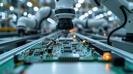 Fototapeta premium Advanced High Precision Robot Arms on Fully Automated Assembly Line Inside Modern Electronics Factory, Electronic Devices Production Industry, Component Installation on Circuit Board. Generative AI.