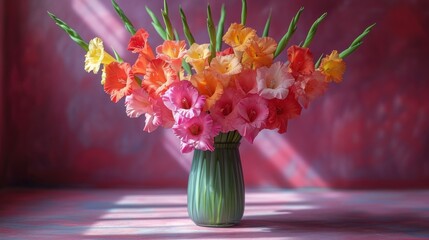  a green vase filled with colorful flowers on top of a pink tableclothed tablecloth with a pink wall behind it and a pink wall in the background behind the vase.