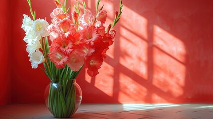  a vase filled with pink and white flowers sitting on a tile floor next to a red wall with a shadow of a window on the side of a red wall.