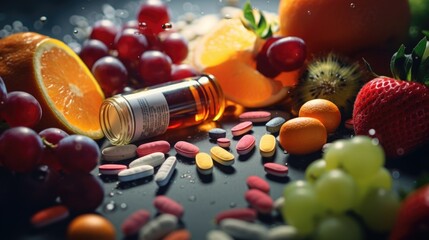 A bottle of vitamin pills surrounded by a variety of fresh fruits and vegetables. This image can be used to depict a healthy lifestyle and the importance of vitamins in a balanced diet - obrazy, fototapety, plakaty